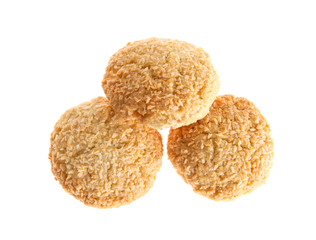 Delicious coconut cookies on white background