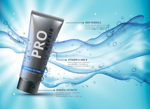 facewash advertising concept design with water splash flowing in background