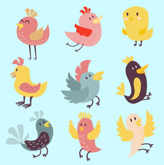 Cute birds vector set illustration cartoon colorful