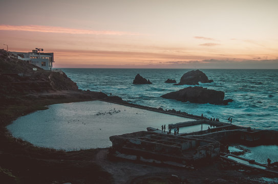 View of Sutro Baths at dusk