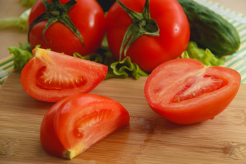 cutted tomato, cucumber vegetable and salad. Health care food.