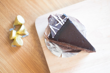 Sliced layered chocolate cake