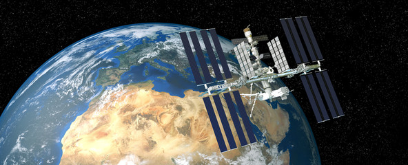 Extremely detailed and realistic 3d image of ISS international space station orbiting Earth. Shot from outer space. Elements of this image have been furnished by nasa.