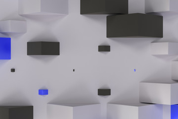 Black, white and blue rectangular shapes of random size on white background