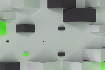 Black, white and green rectangular shapes of random size on white background