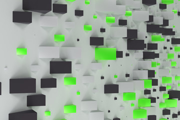 Black, white and green rectangular shapes of random size on white background