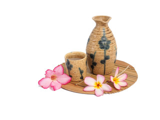 sake bottle and cup with white background