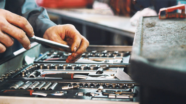 Set of tools for repair in car service, close up