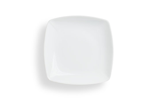 Empty white square plate on white background, clipping path included.