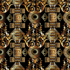 Geometric seamless pattern. Floral abstract black vector  background wallpaper  with vintage gold 3d baroque damask ornaments, geometric shapes, figures, circles, squares, rhombus and greek key.