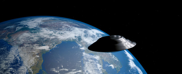 Extremely detailed and realistic 3d image of an ufo / flying saucer orbiting Earth. Shot from outer space. Elements of this image have been furnished by nasa. © Sasa Kadrijevic