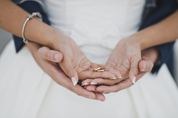 Arms of hands of Bridal couple with wedding rings 7701. - obrazy, fototapety, plakaty