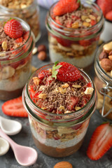 Dessert with muesli and strawberries