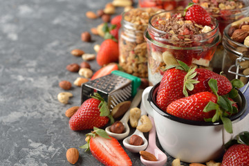 Dessert with muesli and strawberries