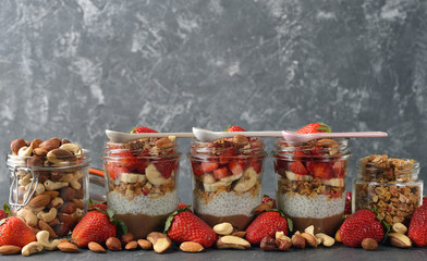 Dietary dessert with chia seeds, muesli and strawberries