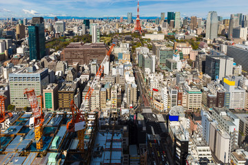 Toyko city skyline with red tokyo tower and building