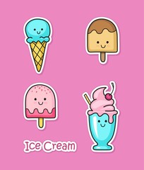 Set of cute cartoon ice creams stickers.