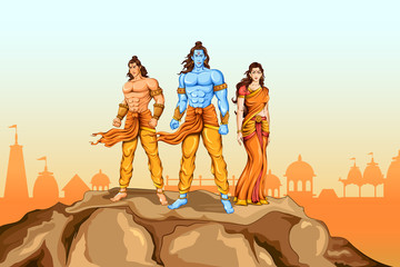 Lord Rama, Sita and Laxmana in Dussehra poster - obrazy, fototapety, plakaty
