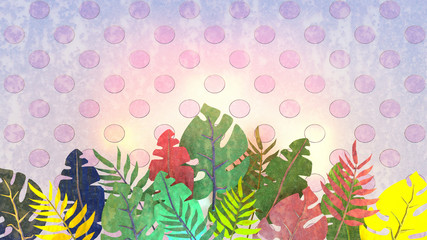 3d rendering picture of multi-color leaves against dotted pattern background. Tropical leaves decor idea. Rusty texture wallpaper.