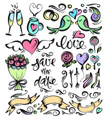 Cute hand drawn set of vector symbols and letters. Perfect for decoration of wedding invitations or postcards.