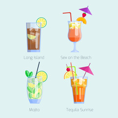 Set of alcoholic cocktails isolated fruit cold drinks tropical cosmopolitan freshness collection and party alcohol sweet tequila vector illustration.