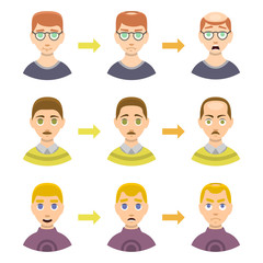 Fototapeta premium Information chart of hair loss stages types of baldness illustrated on male head vector.