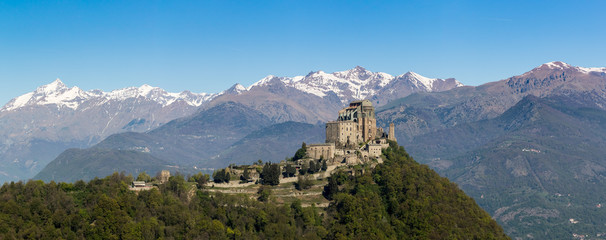 View of the Sacra di San Michele ( Saint Michael's Abbey) ,religious complex, under Benedictine...