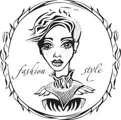 Contour silhouette of a woman with short hair in a beautiful circular frame. Vector illustration. Suitable for fashion label, cover, logo, brochure, etc.