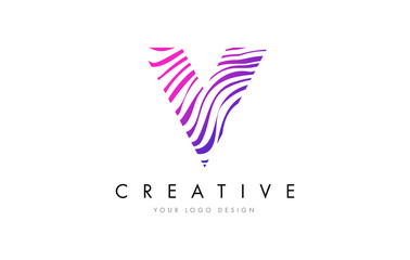 V Zebra Lines Letter Logo Design with Magenta Colors