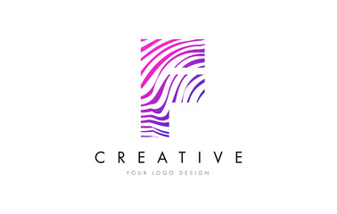 F Zebra Lines Letter Logo Design with Magenta Colors