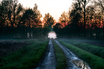 Foggy View of a street or path at sunset with beautiful color in the sky