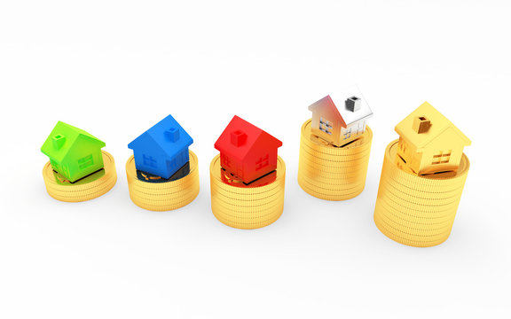 Real estate concept. Group of colorful houses on stacks of golden coins isolated on white background. 3D illustration