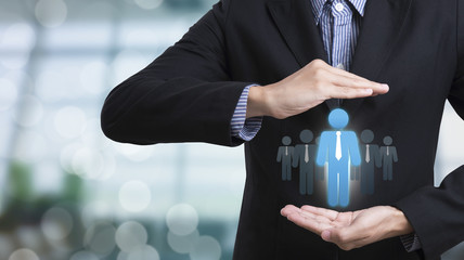 Business hand with icon people on networking system. concept employment,recruitment, hiring, human resources, hr management.