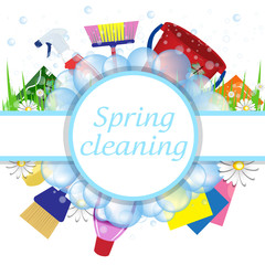 Concept spring cleaning service. Tools for cleanliness and disinfection. Soap bubbles frame. Vector illustration.