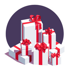 Big pile of wrapped white gift boxes