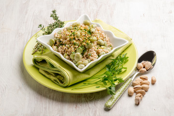 barley risotto with beans broad pistachio and thymus
