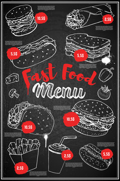 Fast food menu cover layout. Menu chalkboard with hand drawn illustrations of burger, hot dog, taco, burrito, soda.