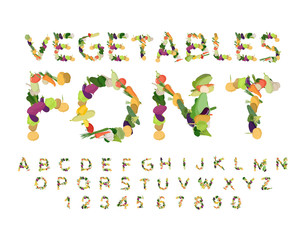Vegetarian font. Alphabet of vegetables. Edible letters. Potatoes and carrots letters. Vegan ABC