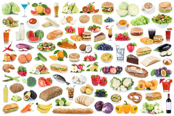 Sammlung Collage Essen gesunde Ernährung Obst und Gemüse Früchte Lebensmittel Freisteller