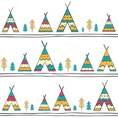 Seamless pattern with hand drawn wigwams and trees on white. Creative vector background in ethnic style. © tanyadzu