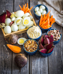 Ingredients for salad on wooden background