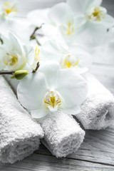 Naklejka na ściany i meble White Orchid on wooden background with towel