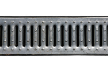 steel metal grey galvanized  zinced drainage grate of drainage canal isolated on white background closeup