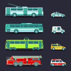 Vector city transport set in flat style. Urban vehicles infographics. Different municipal tram, trolleybus etc icons.