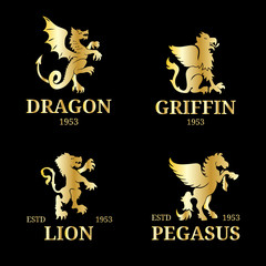 Vector monogram templates. Luxury pegasus, lion etc design. Graceful animals silhouettes illustration.