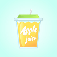 A glass of fresh apple juice in a glass bowl with a straw. Advertising of the product. Vector illustration. Isolated on a gradient background.