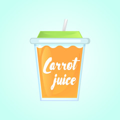 A glass of fresh carrot juice in a glass bowl with a straw. Advertising of the product. Vector illustration. Isolated on a gradient background.