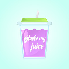 A glass of fresh blueberry juice in a glass bowl with a straw. Advertising of the product. Vector illustration.  Isolated on a gradient background.