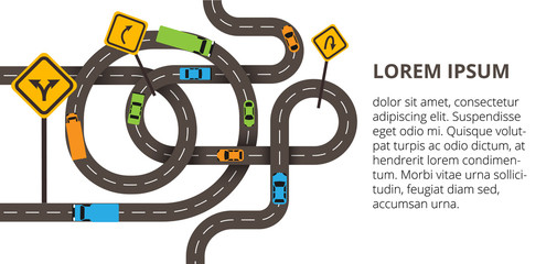 Vector illustration with winding roads and a lot of cars, trucks