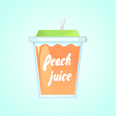 A glass of fresh peach juice in a glass bowl with a straw. Advertising of the product. Vector illustration. Isolated on a gradient background.